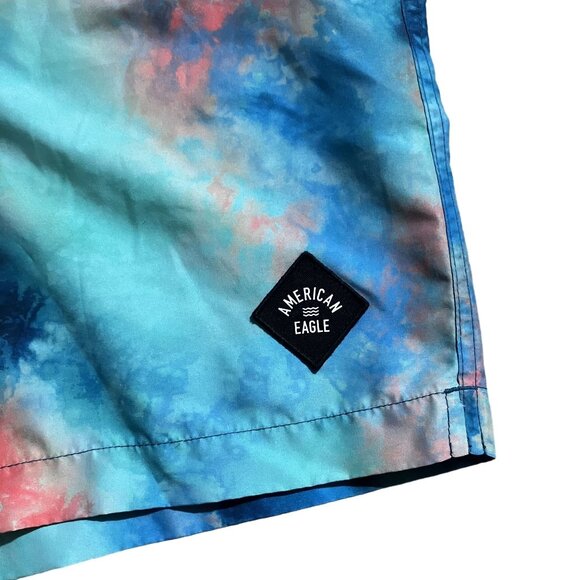 American Eagle Mens Tie-Dye Swim Trunks Size M Blue & Pink Elastic Waist Drawstr - Picture 2 of 4